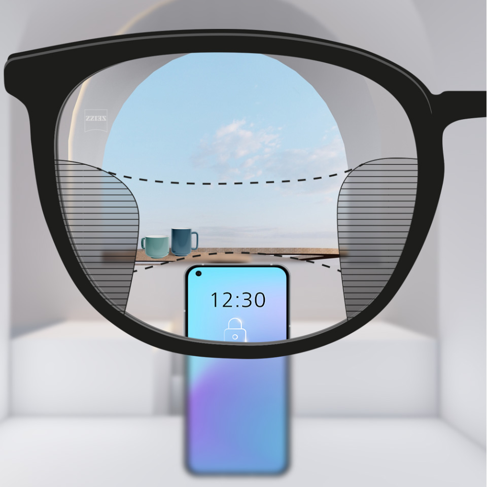 An image slider showing a conventional multifocal lens on the left, with relatively limited viewing zones, compared to a premium lens on the right that has clear vision through more of the lens.