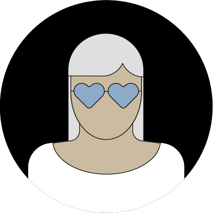 Illustration of woman wearing glasses with heart shaped lenses. 