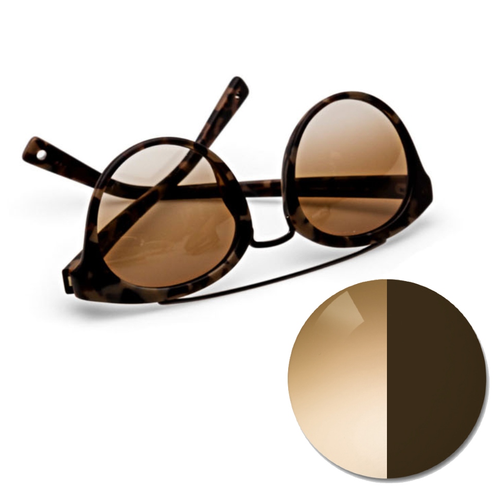 Glasses with ZEISS AdaptiveSun gradient brown and a colour dot in light and dark tinted colour shade